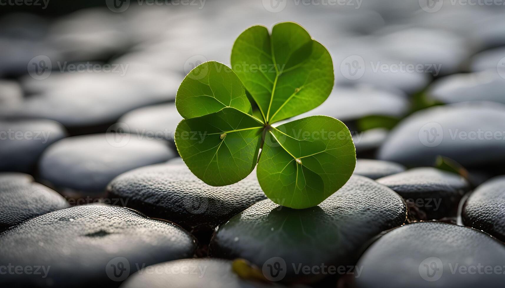 A single four-leaf clover resting on smooth black stones, symbolic of good luck and prosperity. photo