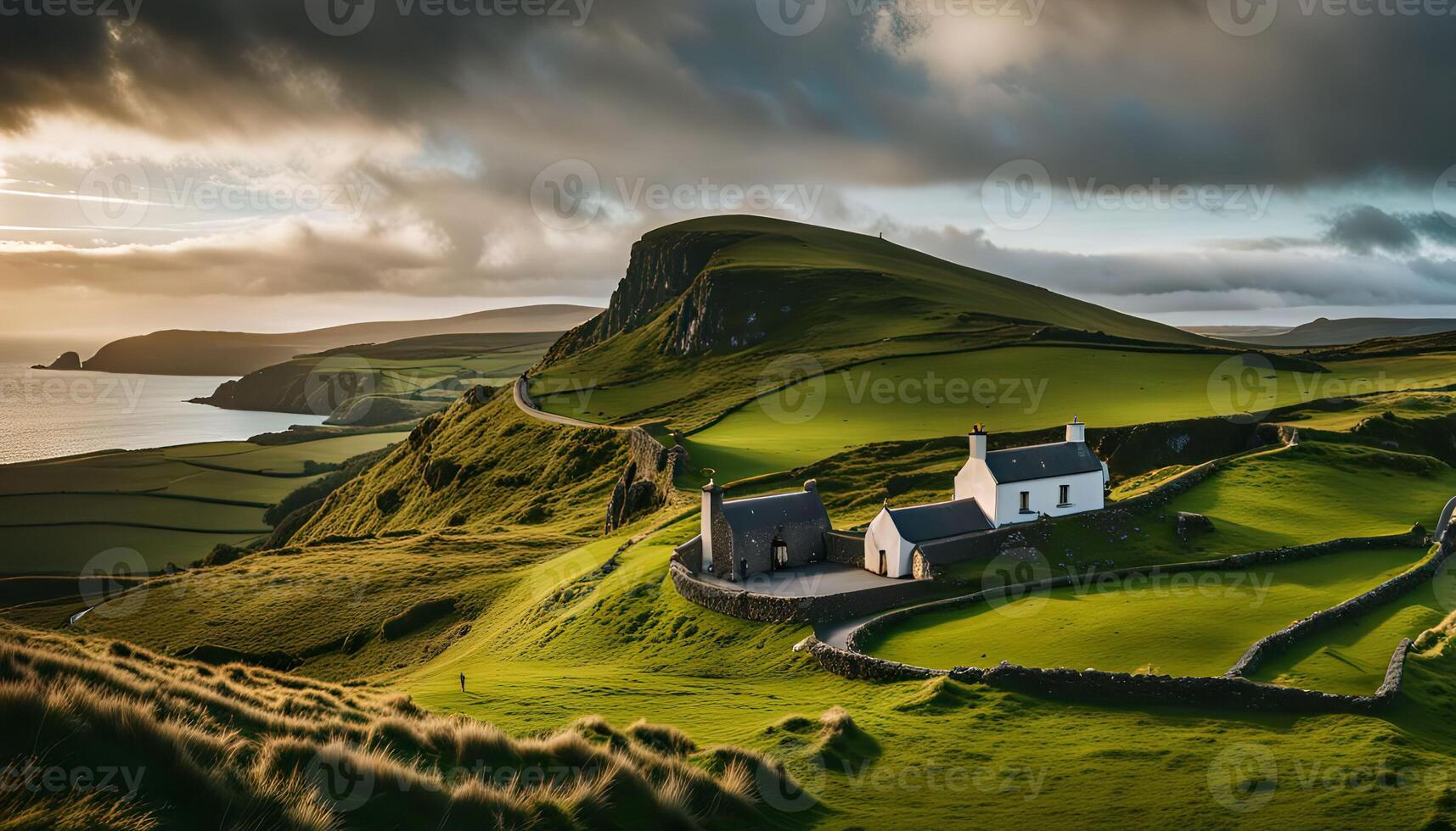 Irish Coastal Cottage with Dramatic Sky photo