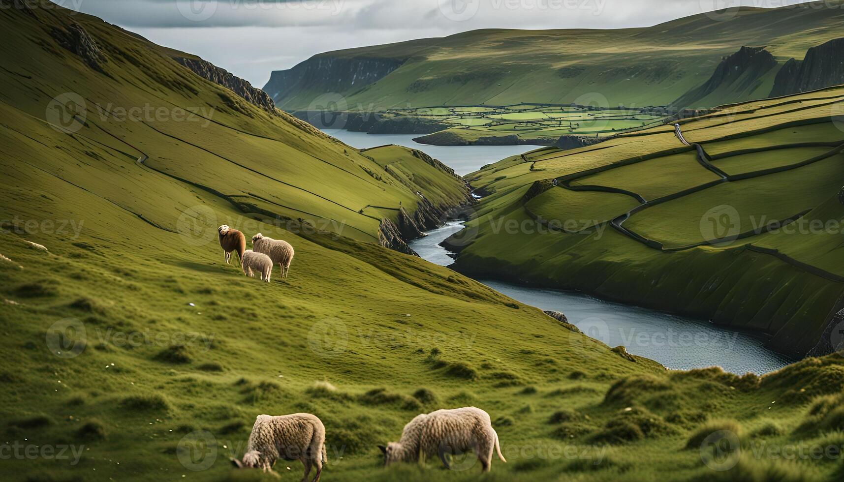 Sheep Grazing on a Lush Green Hillside overlooking a Fjord photo