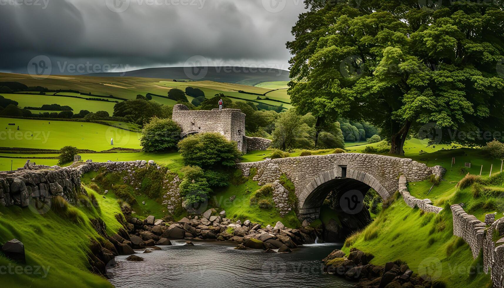 Stone Bridge and Castle in a Green Valley photo