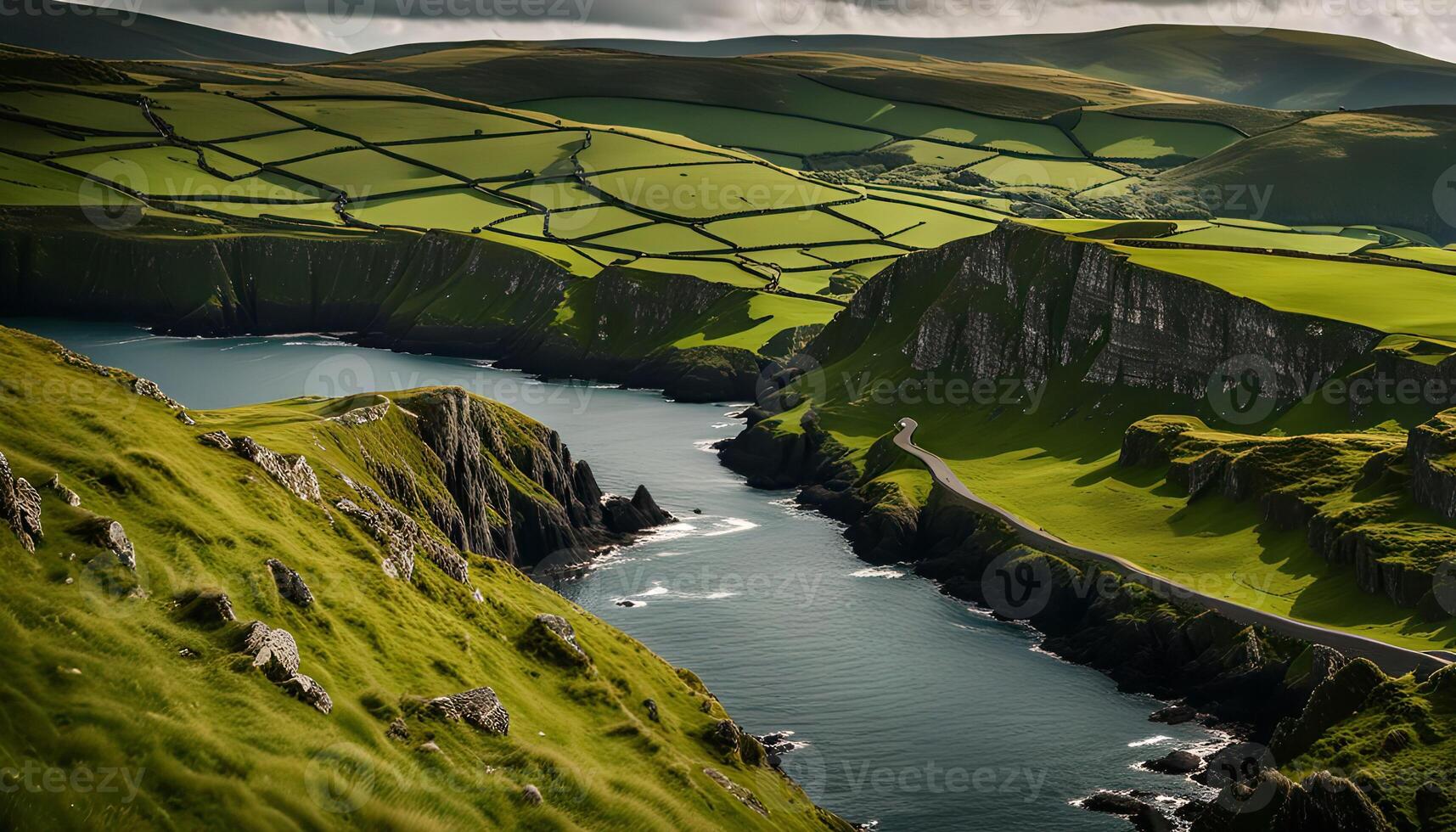 Serene Coastal Landscape with Rolling Green Hills and a Winding Road photo