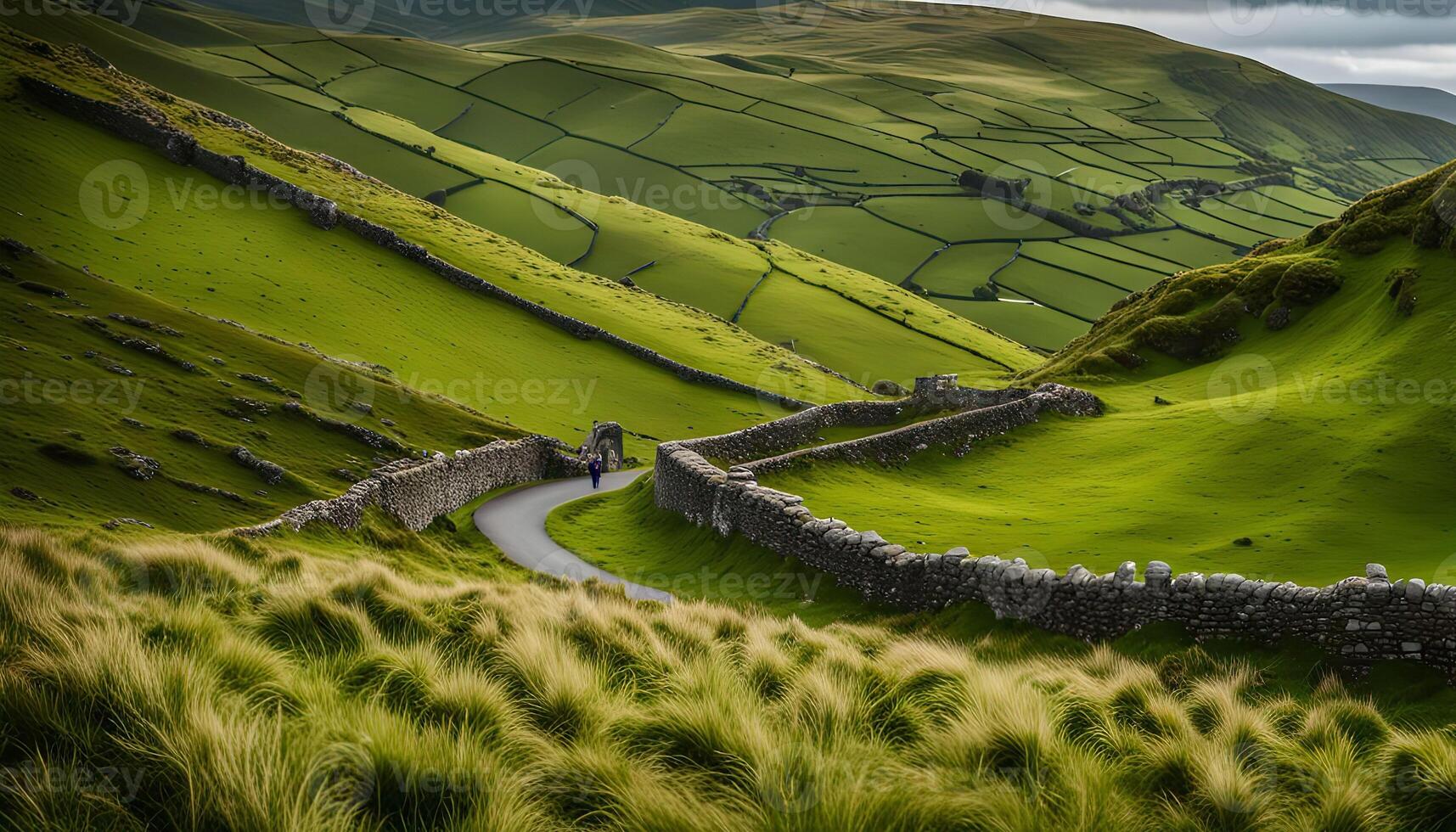 Serene Landscape with Rolling Hills and Stone Walls photo
