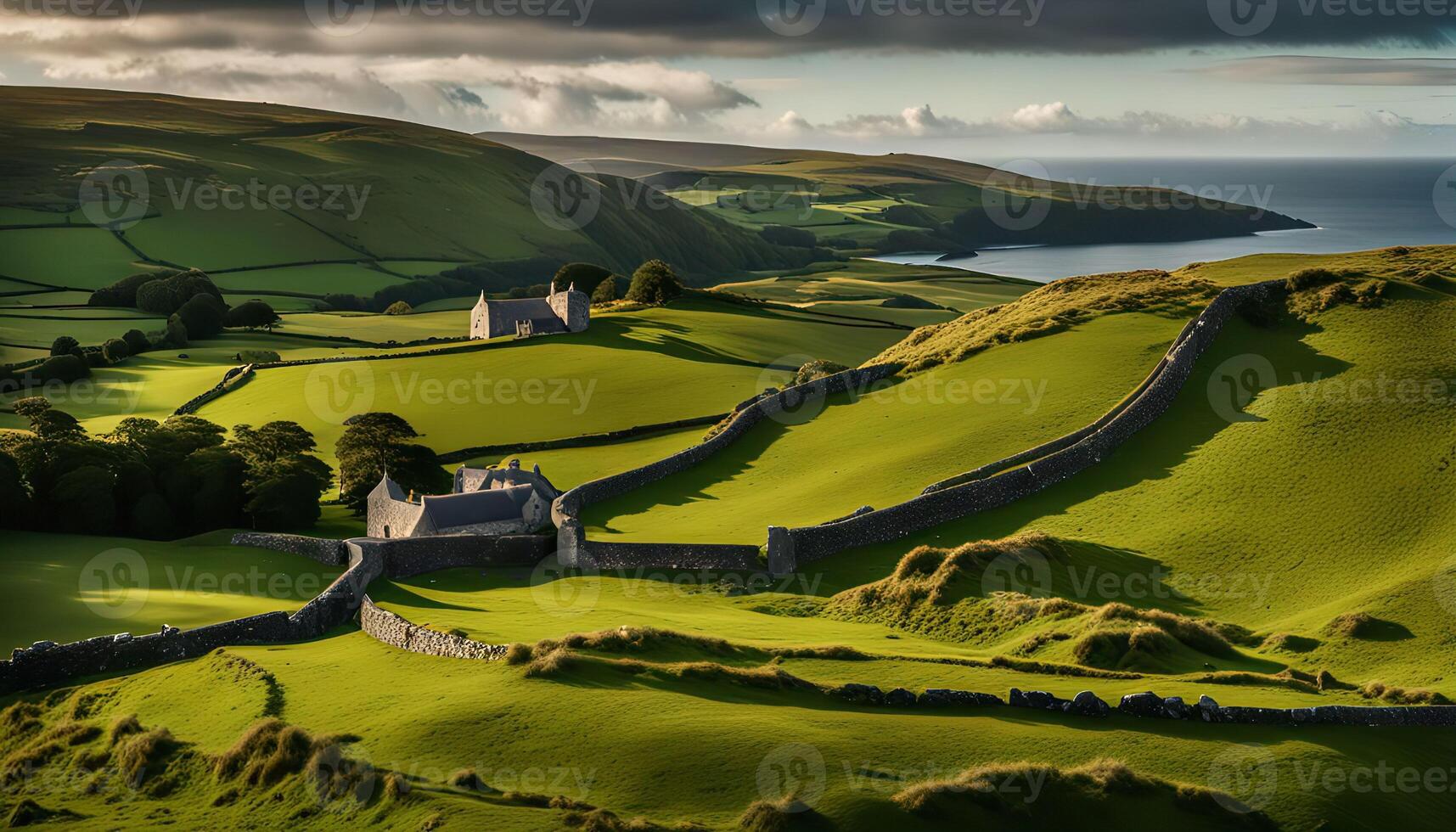 A Tranquil View of the Countryside with Stone Walls and Rolling Green Hills photo