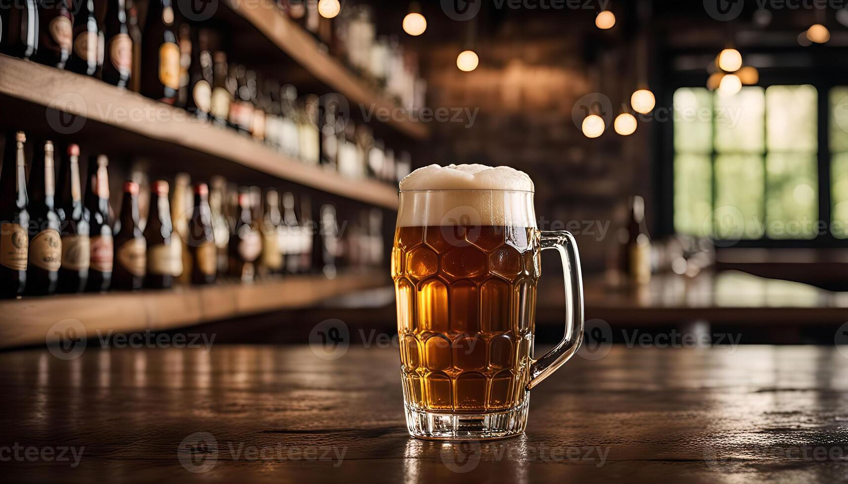 Glass of Beer on Bar Counter with Shelves of Bottles photo