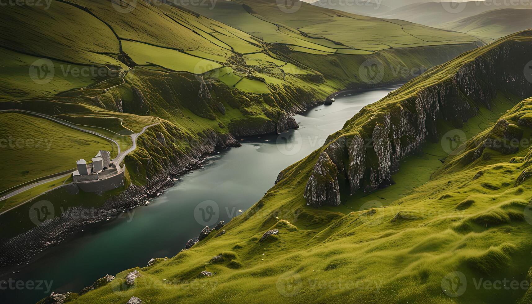 Serene Landscape of Winding River and Rolling Hills photo