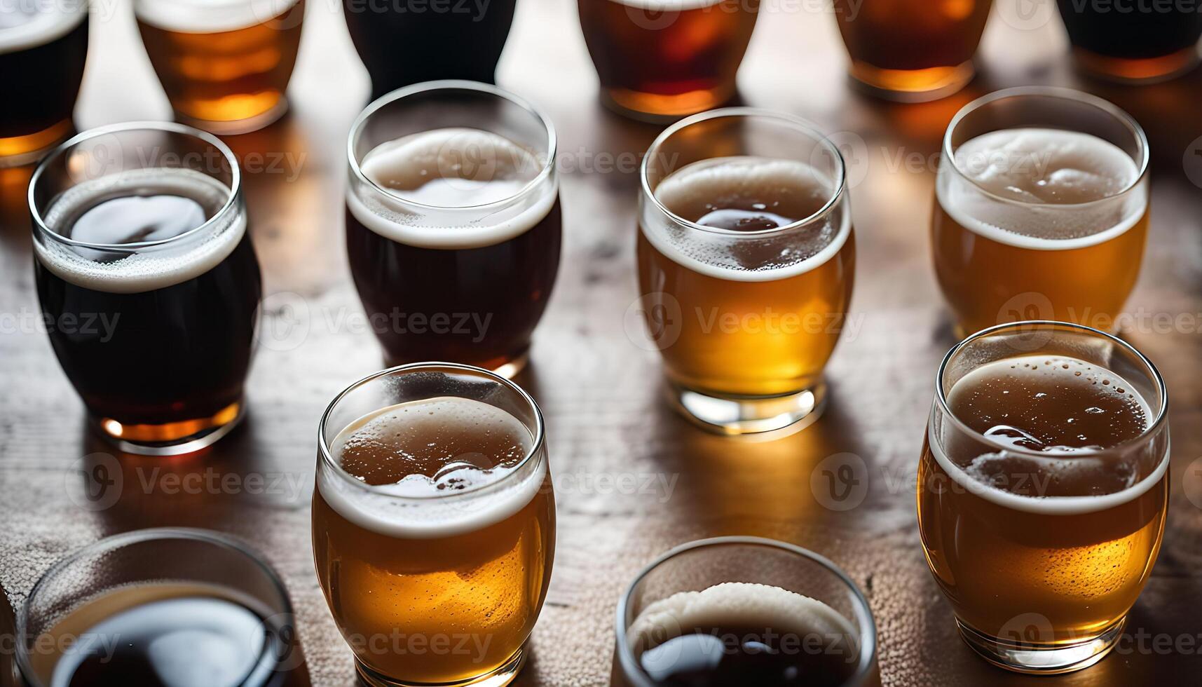 Assortment of Beers in Glasses on Wooden Table photo