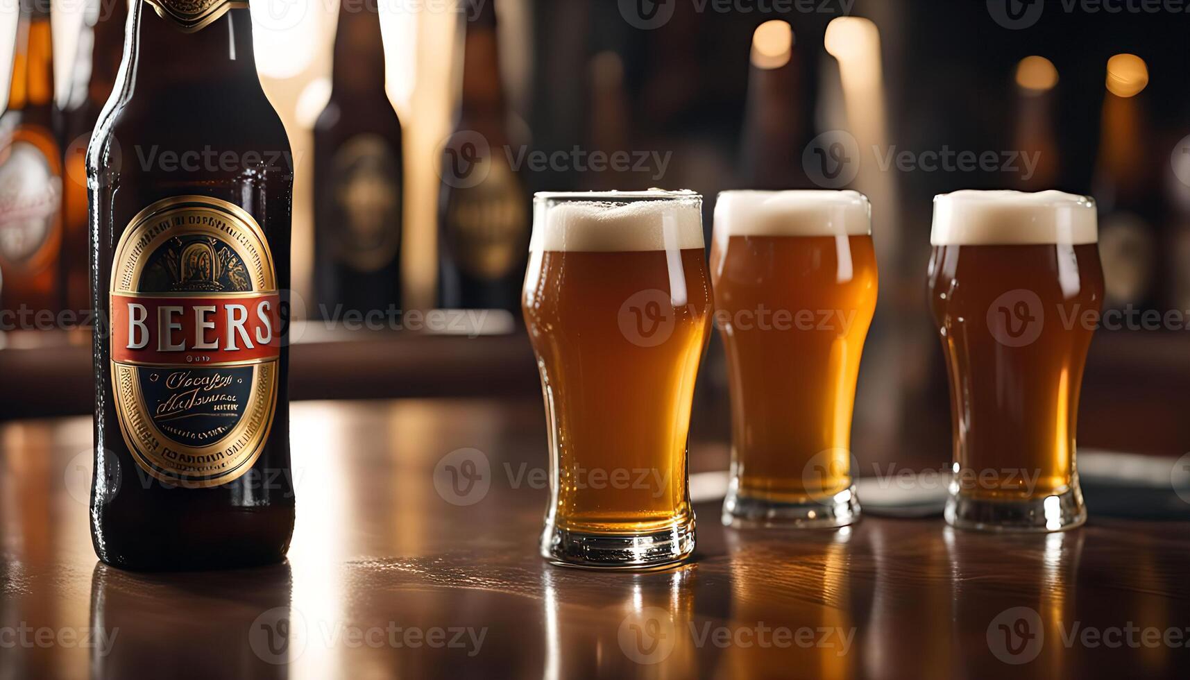 Three glasses of beer on a bar counter with a beer bottle in the background. photo