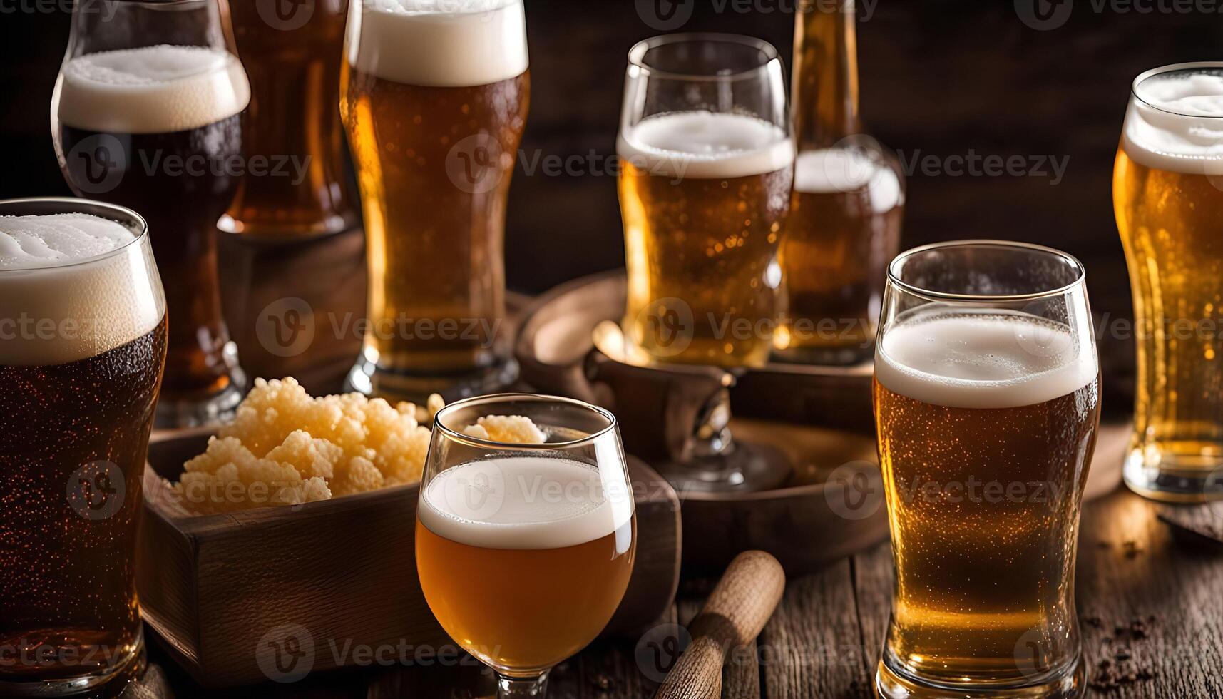 Assortment of Beers on Rustic Wooden Table photo