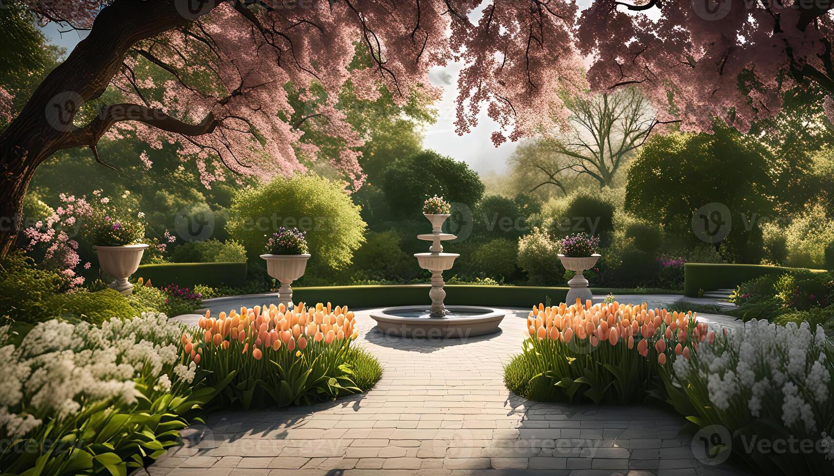 Serene Garden Oasis with Blossoming Cherry Tree photo
