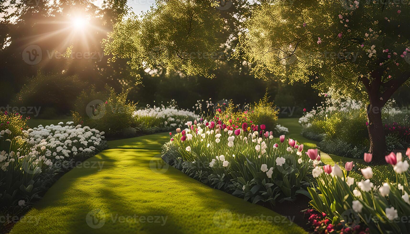Sunlit Garden Path with Blooming Tulips photo