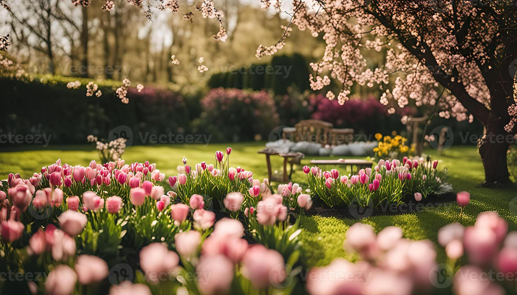 Spring Garden with Pink Tulips and Cherry Blossom Tree photo