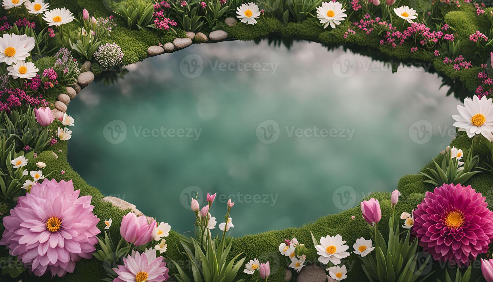 Tranquil Pond Surrounded by Blooming Flowers photo