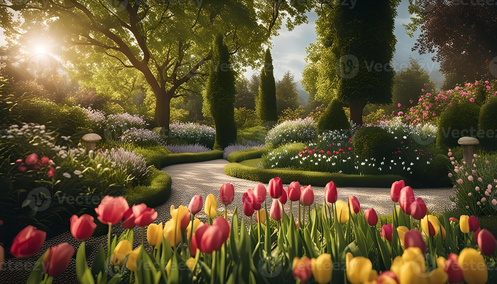 Tranquil Garden with Sun Rays and Blooming Flowers photo