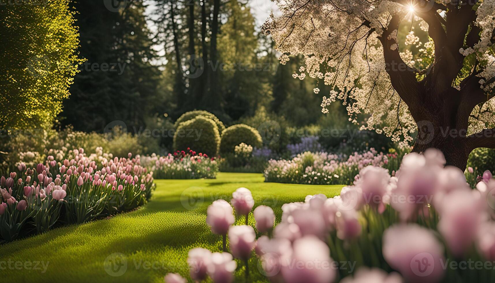 Blooming Garden with Pink Tulips and Sun Rays photo