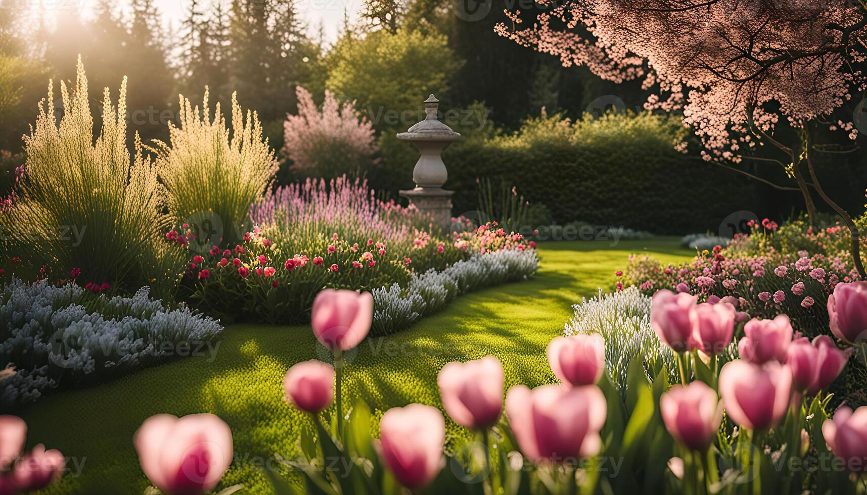 Stunning Garden with Pink Flowers and a Stone Ornament photo