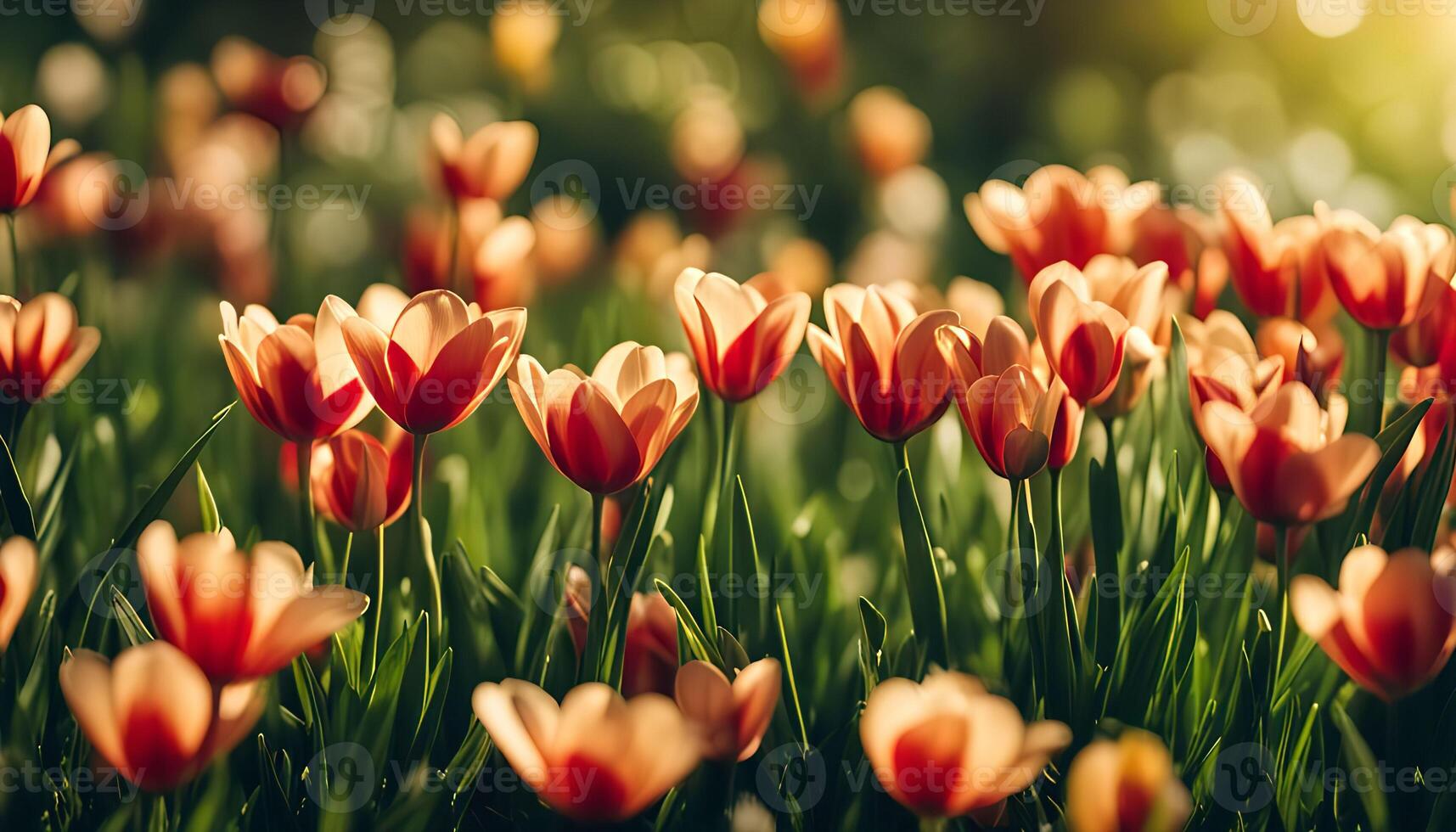 Close-up of delicate pink tulips in a field, bathed in the warm light of the sun. photo