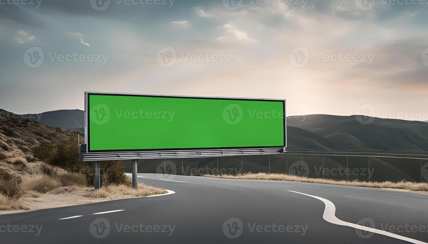 Green Screen Billboard on a Winding Road in the Countryside photo