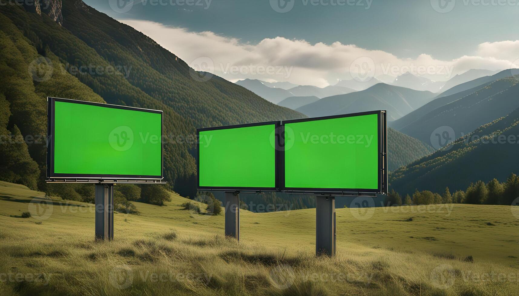 Green Screen Billboards in Mountain Landscape photo