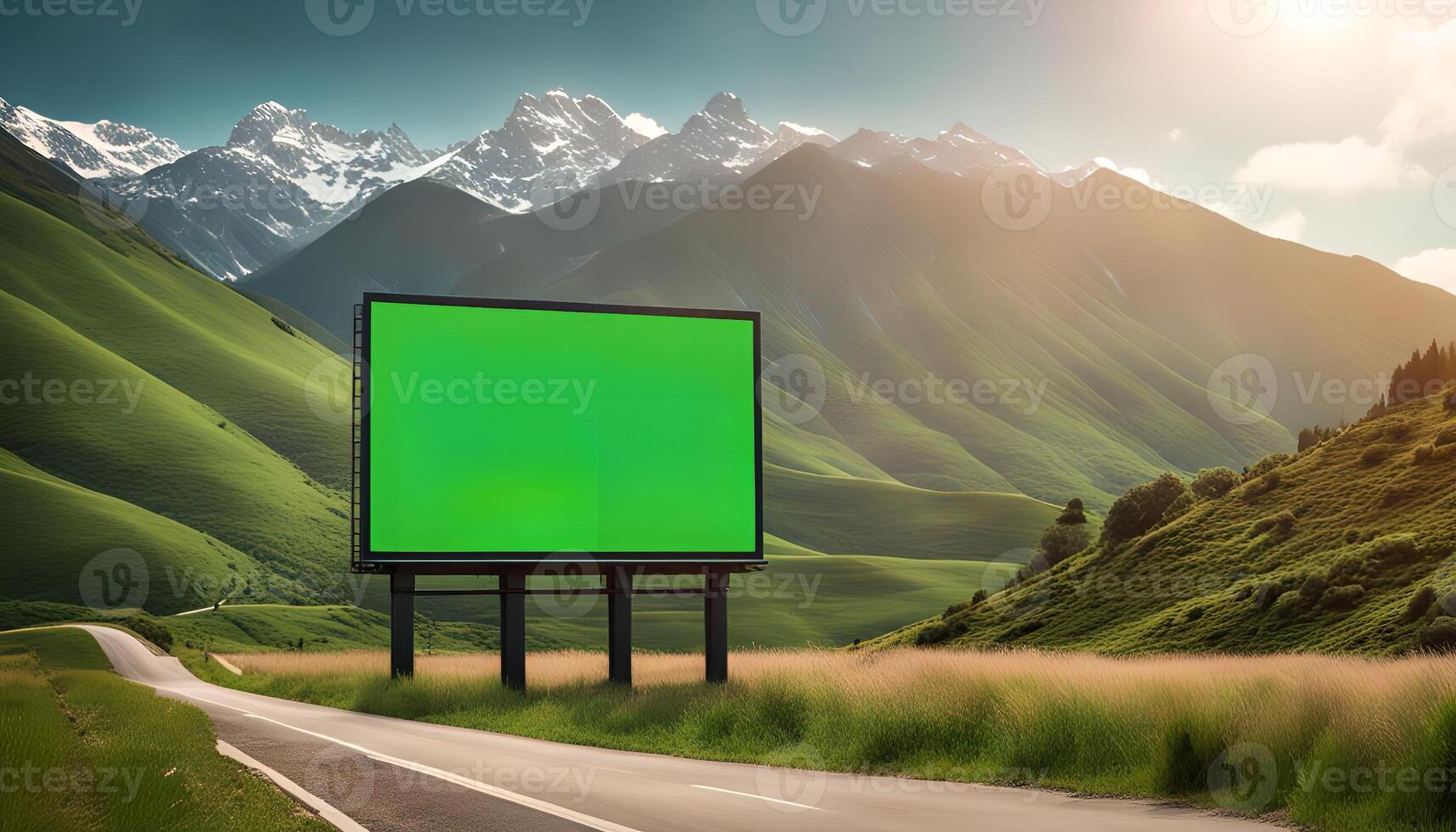Blank Billboard with Green Screen In Front of Majestic Mountain photo