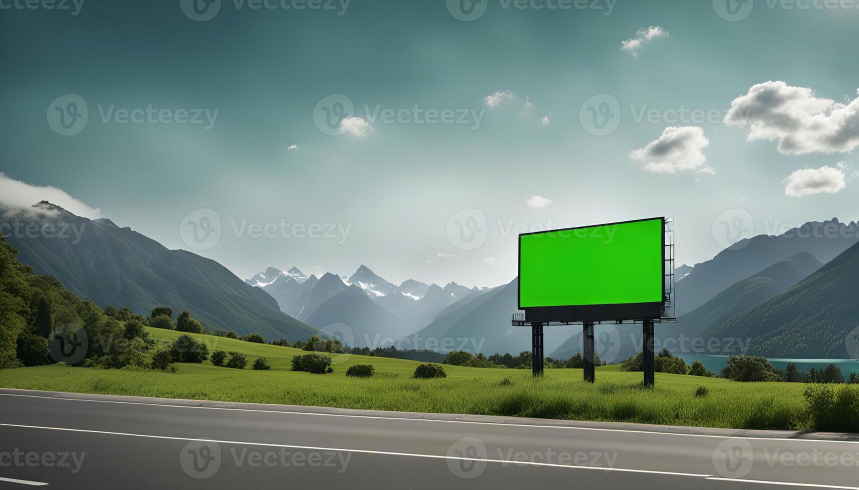 Green Screen Billboard in Mountainous Landscape photo