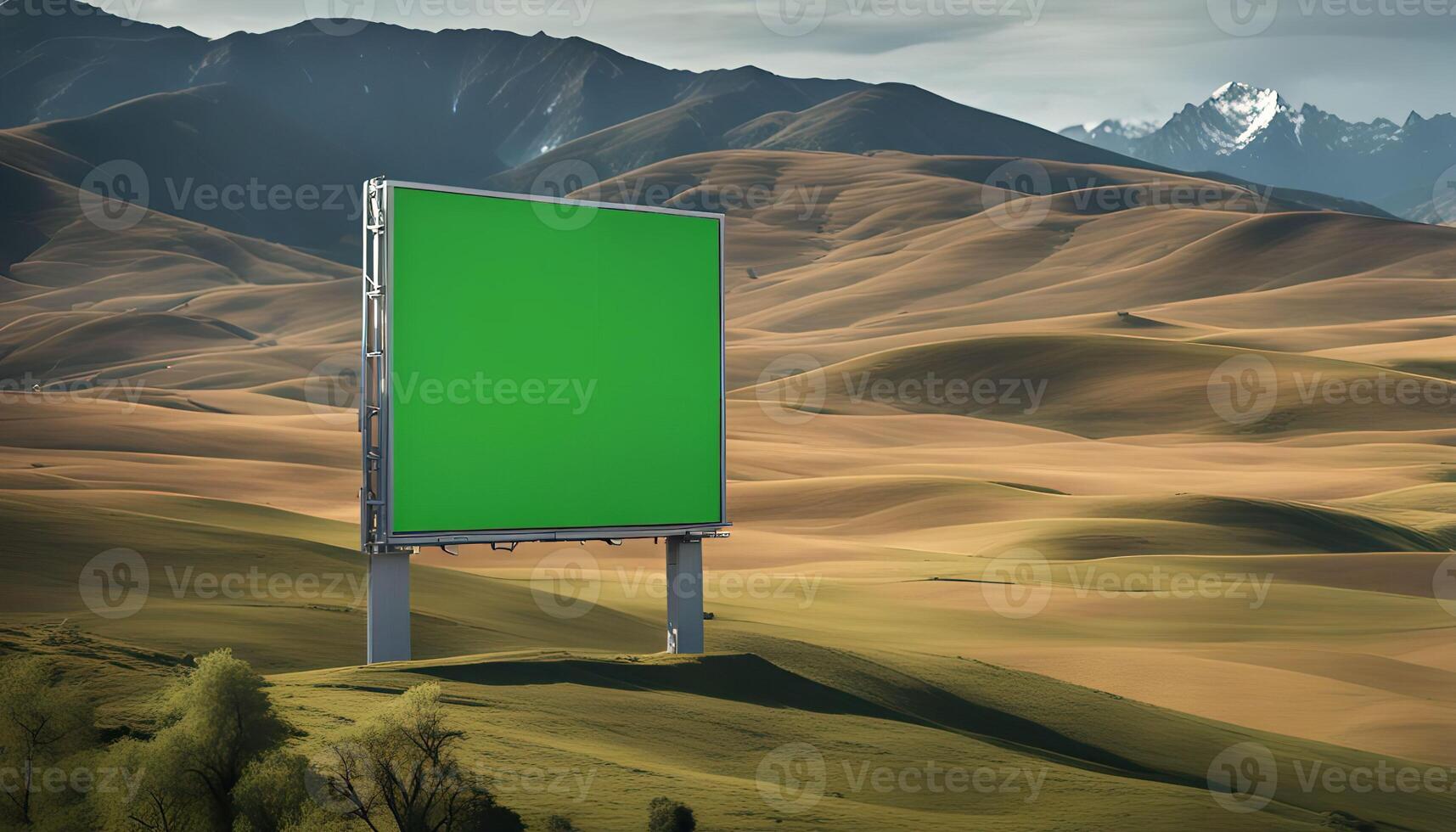 Green Screen Billboard in a Scenic Mountain Landscape photo