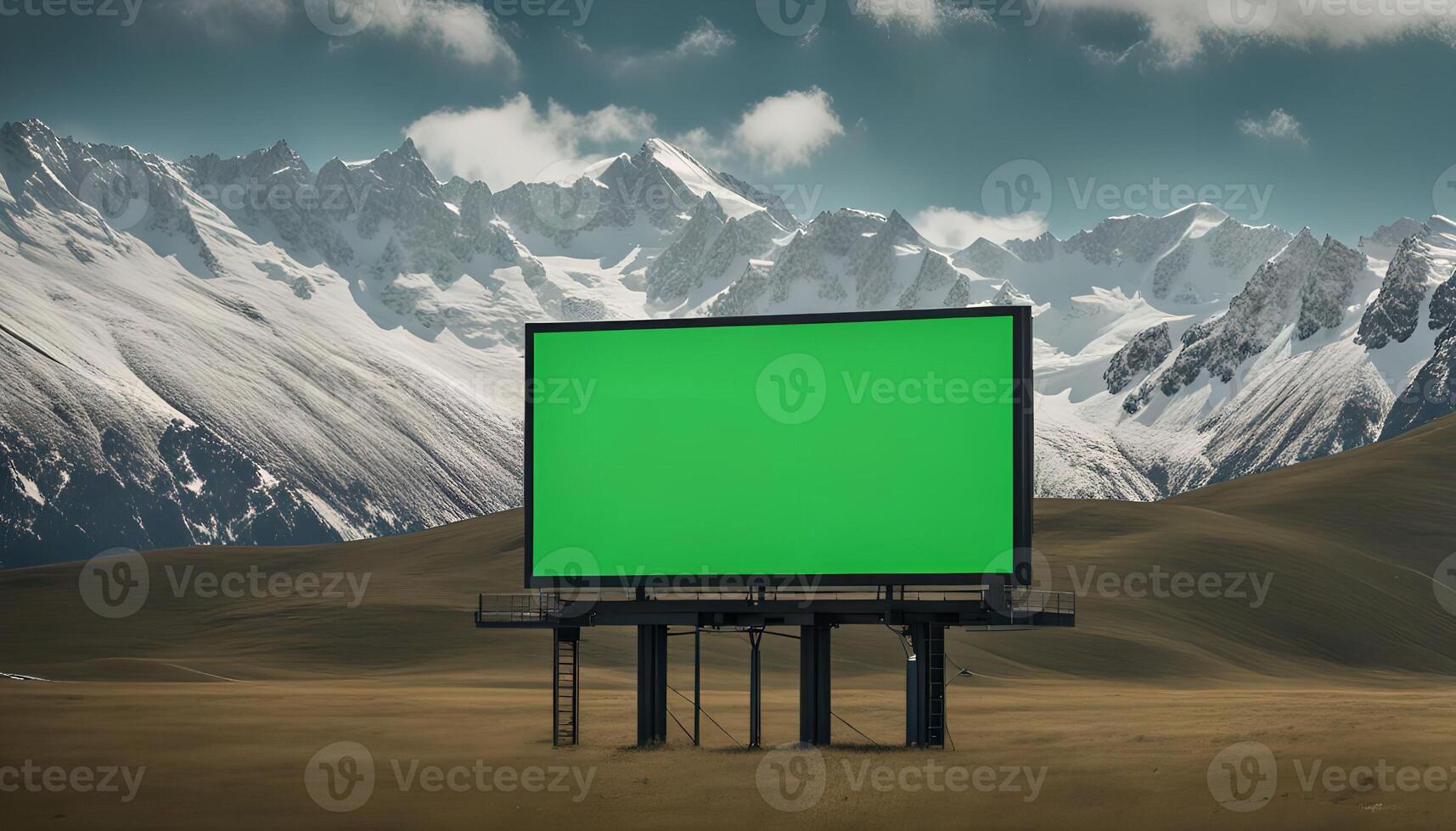 Green Screen Billboard in Front of Snowy Mountains photo