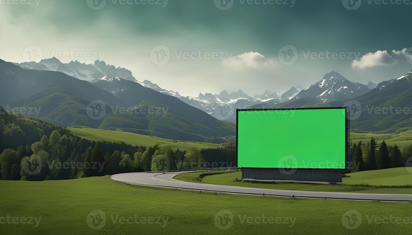 Green Billboard in Mountain Landscape photo