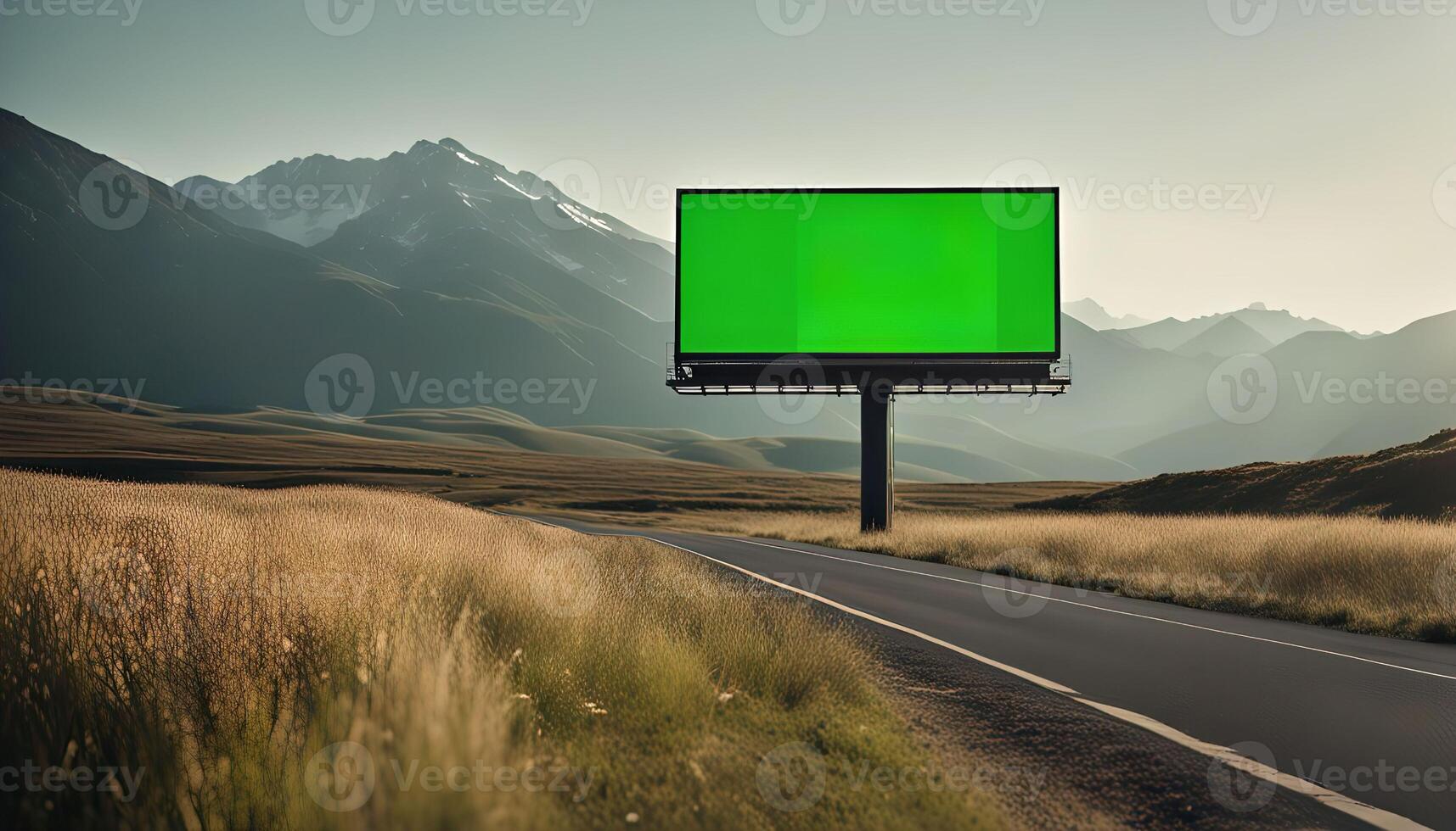 Green Billboard on a Scenic Road with Mountains in the Background photo