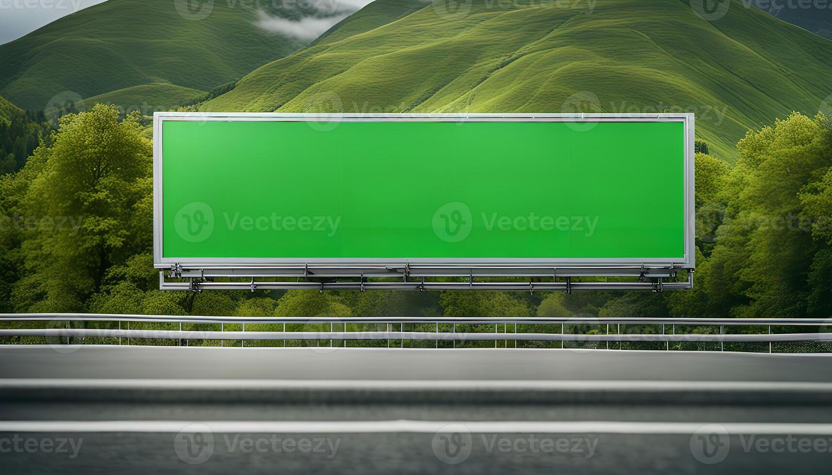 Blank Billboard on Highway with Mountain Background photo