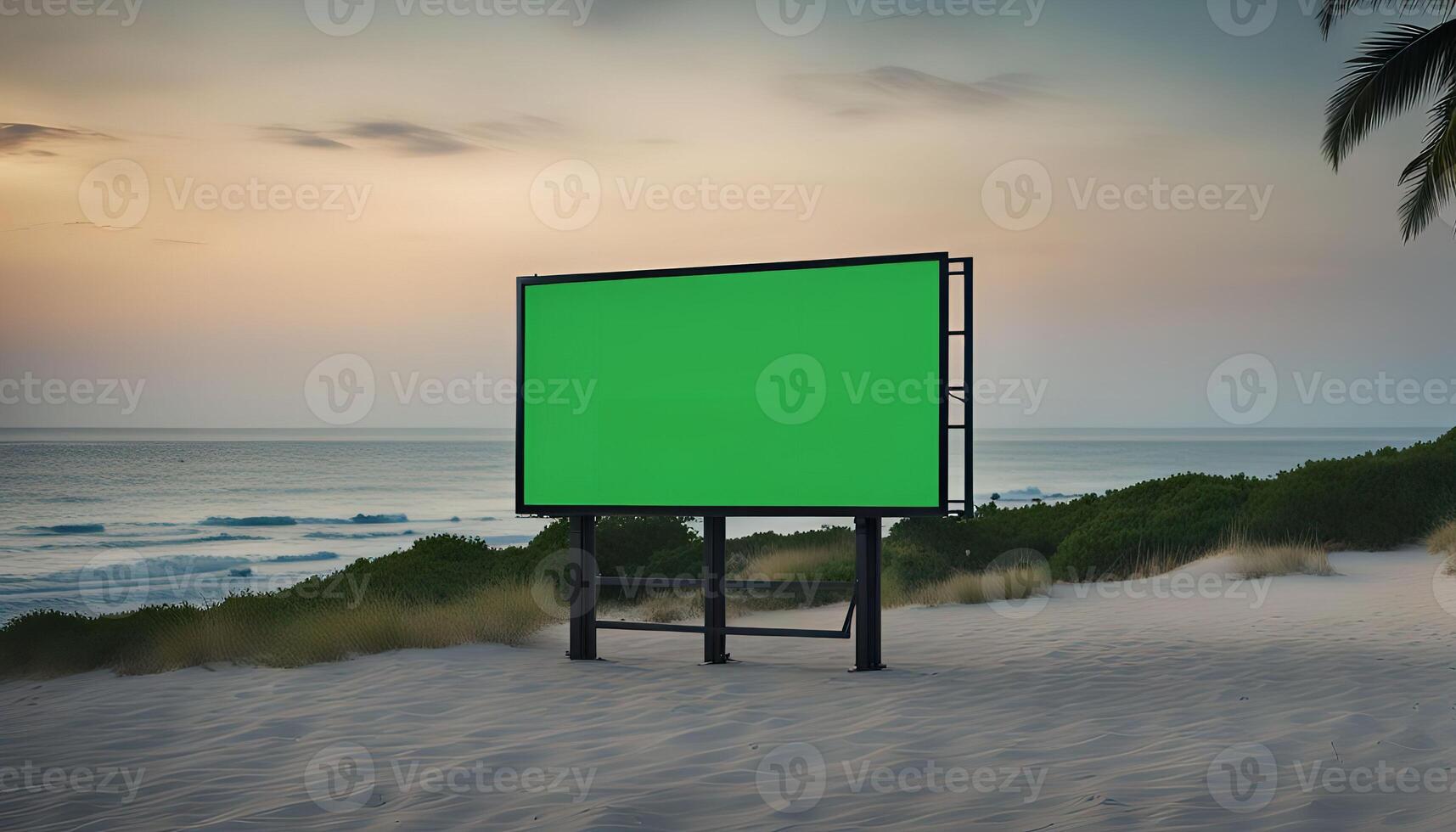 Blank Billboard on a Sandy Beach with Ocean in the Background photo