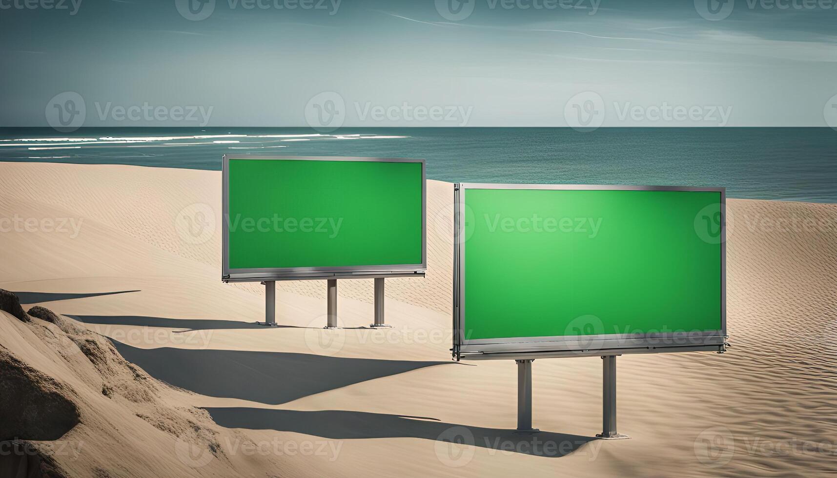 Two Green Screen Billboards on Sandy Beach with Ocean View photo