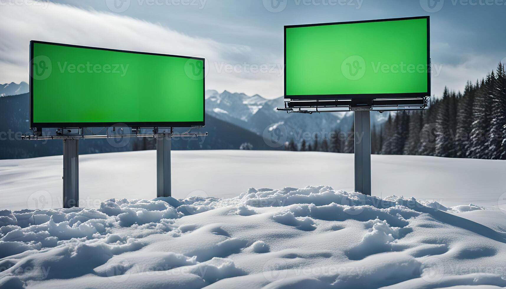 Blank Billboards in Snowy Mountain Landscape photo