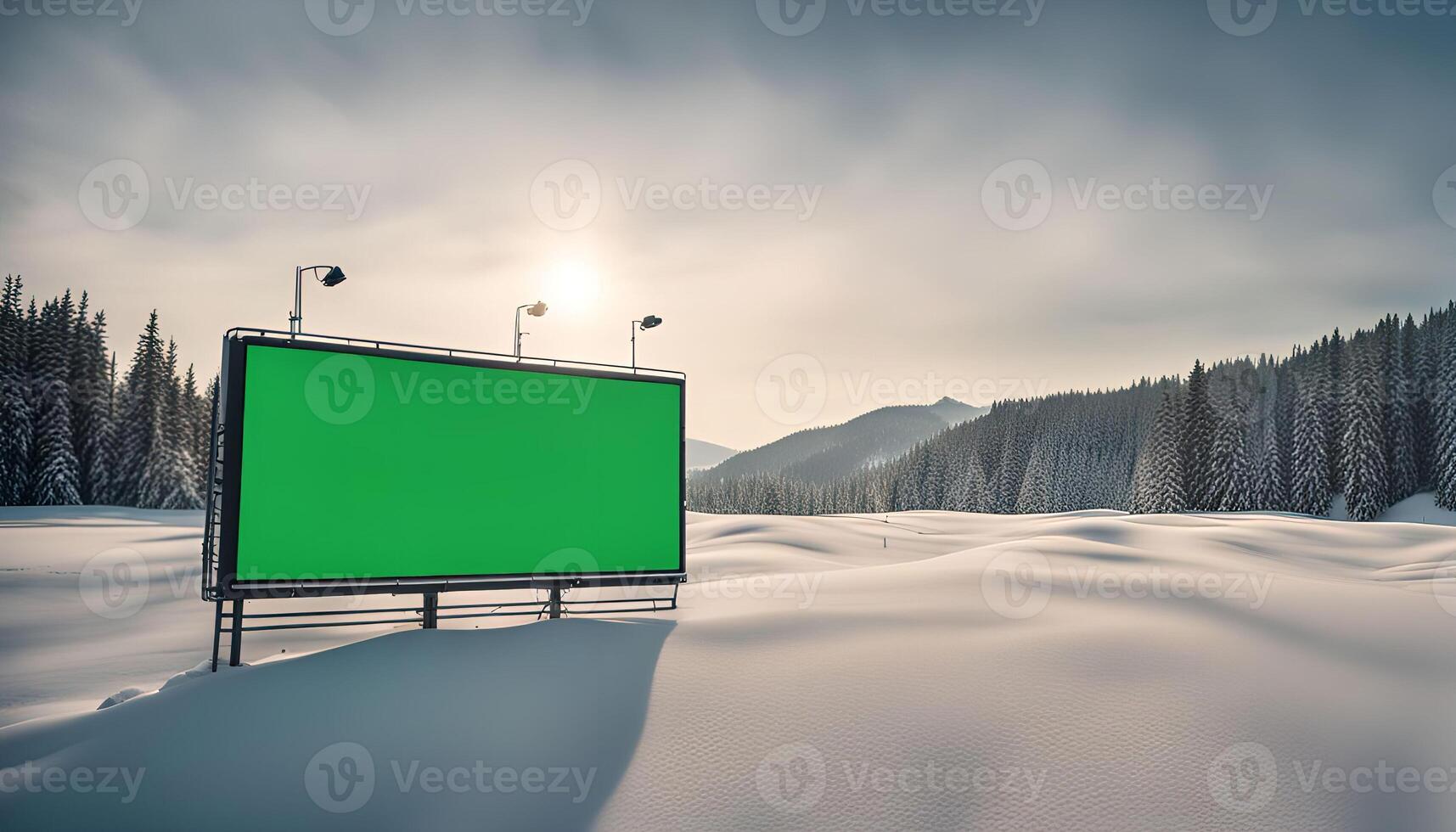 Green Billboard in Snowy Mountain Landscape photo