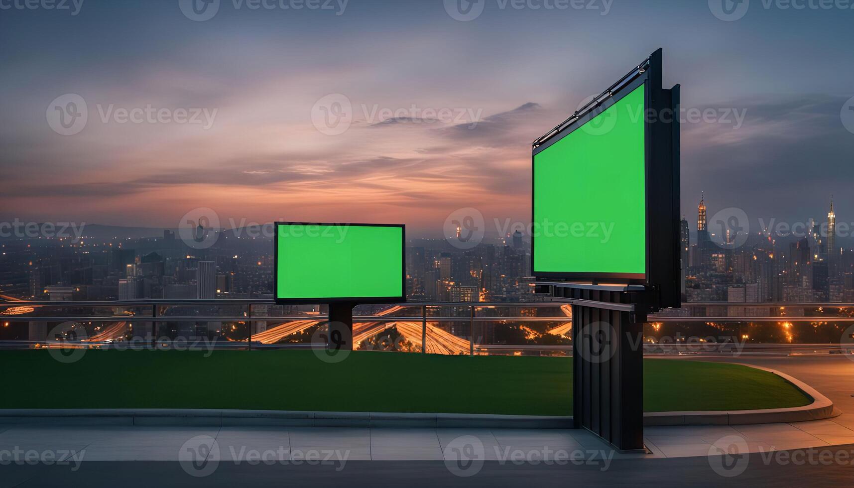 Blank Billboards on Cityscape at Dusk photo