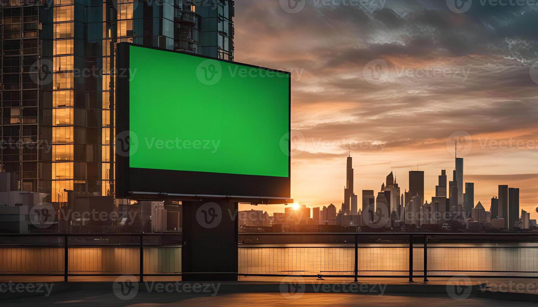 Green Screen Billboard on City Skyline at Sunset photo