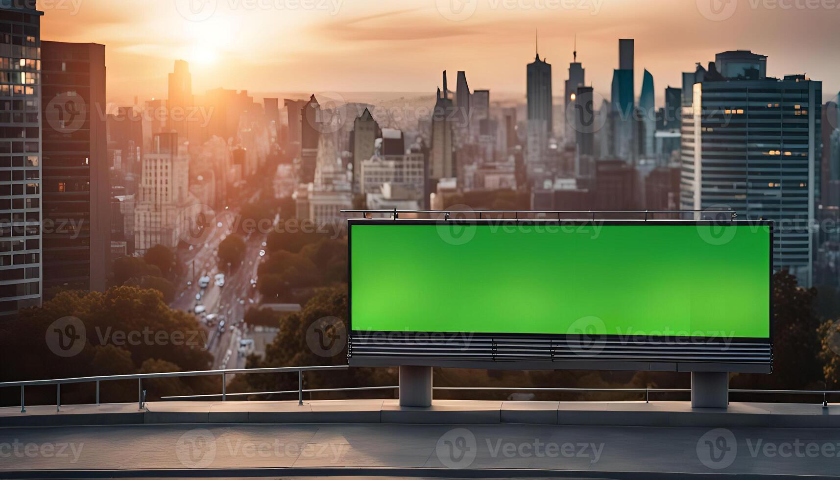 Billboard on a Rooftop with a City Skyline at Sunset photo