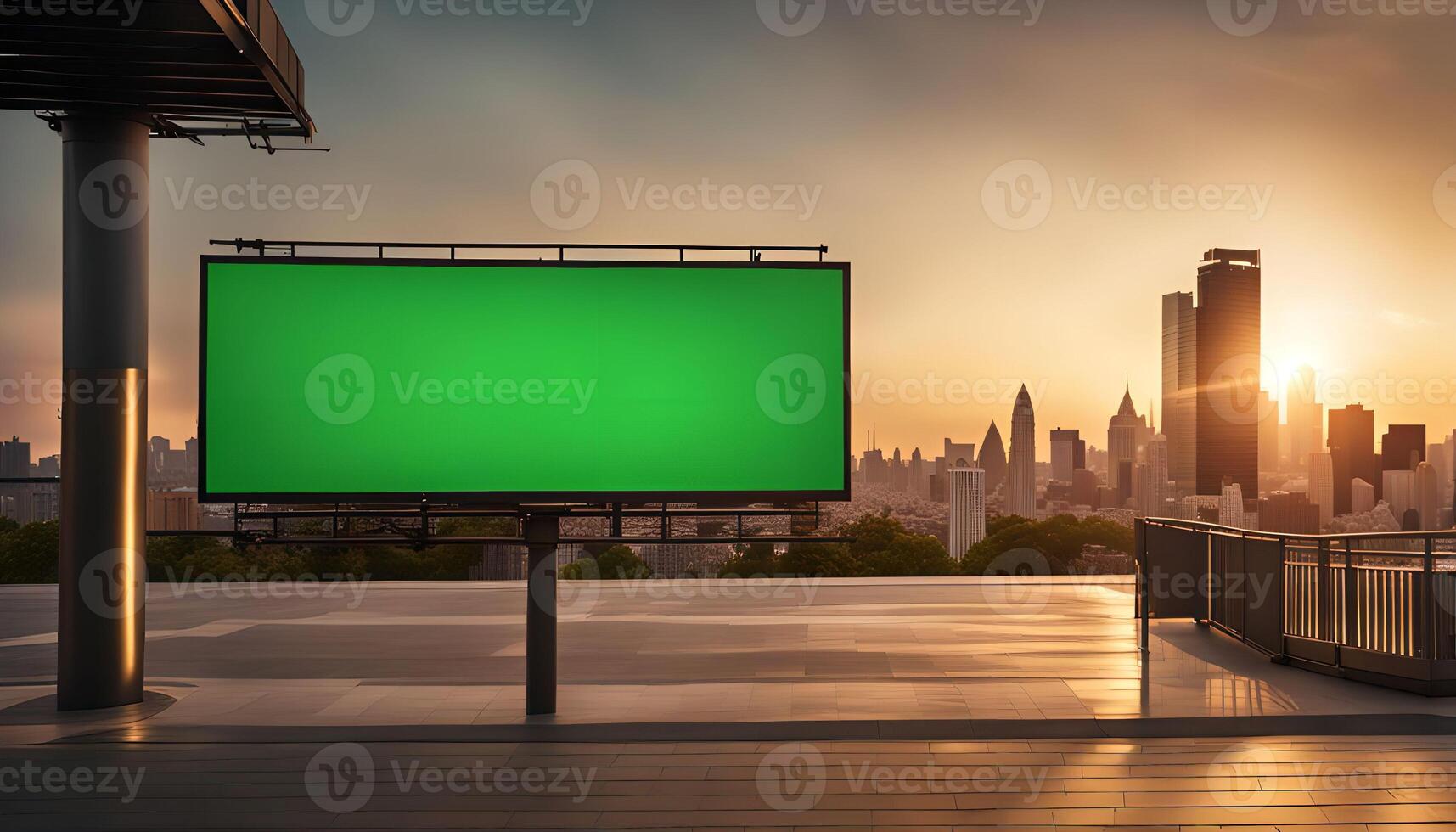Blank Billboard on Rooftop Overlooking City Skyline photo