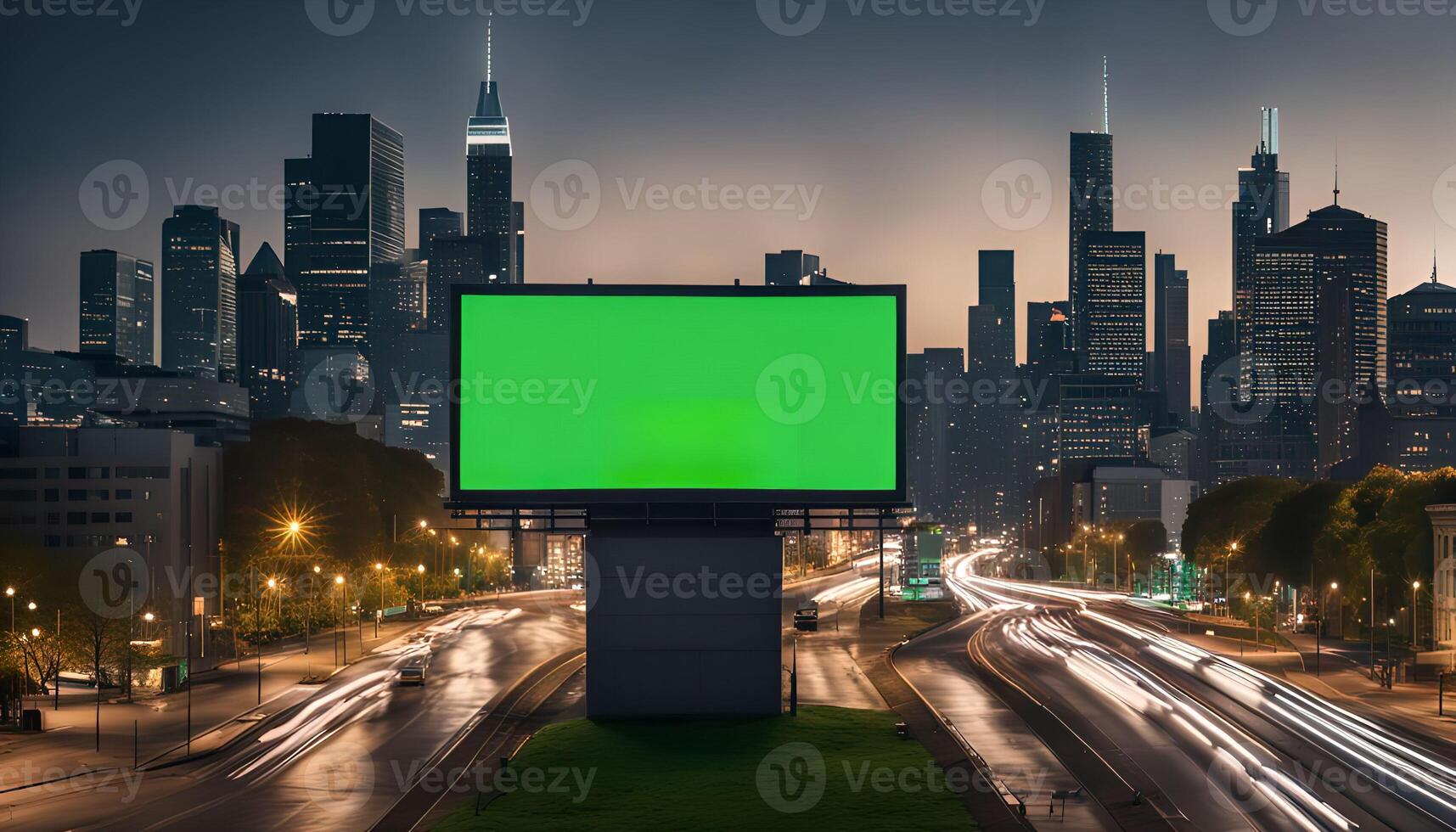 Green Screen Billboard in City Night photo