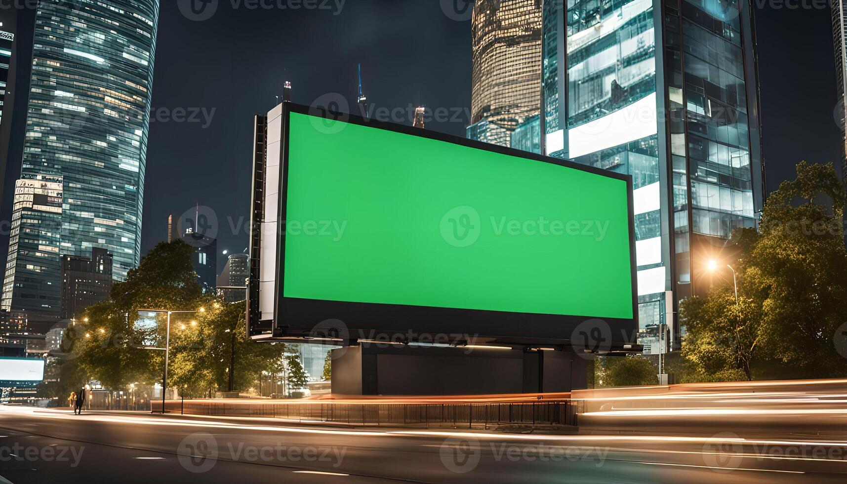 Blank Billboard in a Modern City at Night photo
