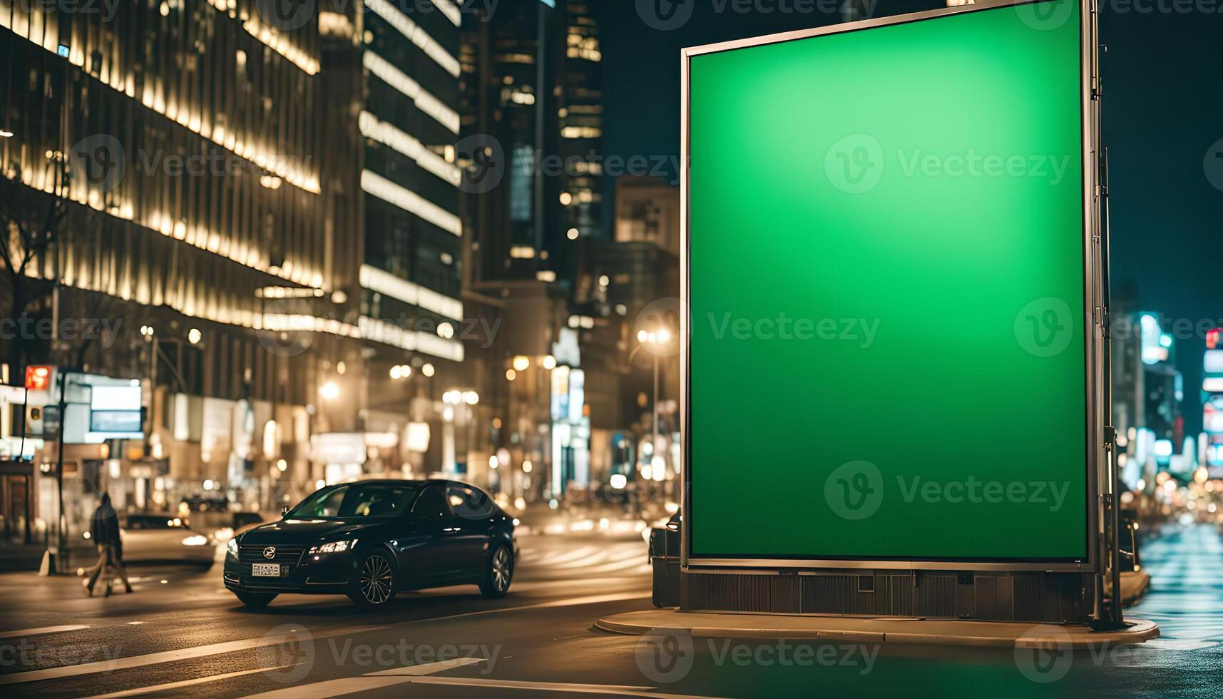 Green Screen Billboard in Urban Cityscape at Night photo