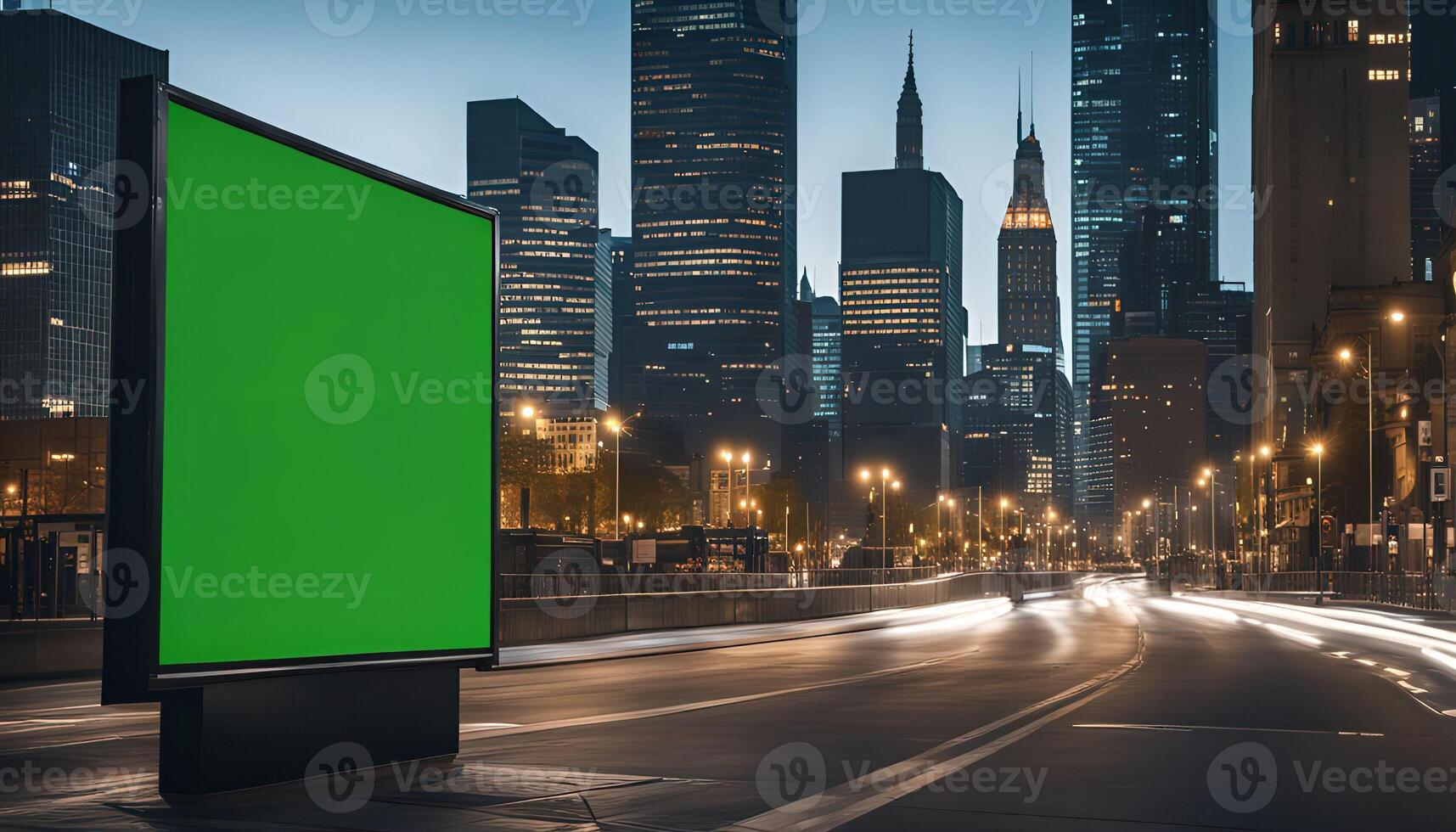 Blank Billboard in Cityscape at Night photo