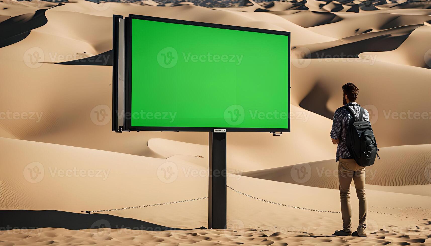Man with backpack looking at green screen in desert photo