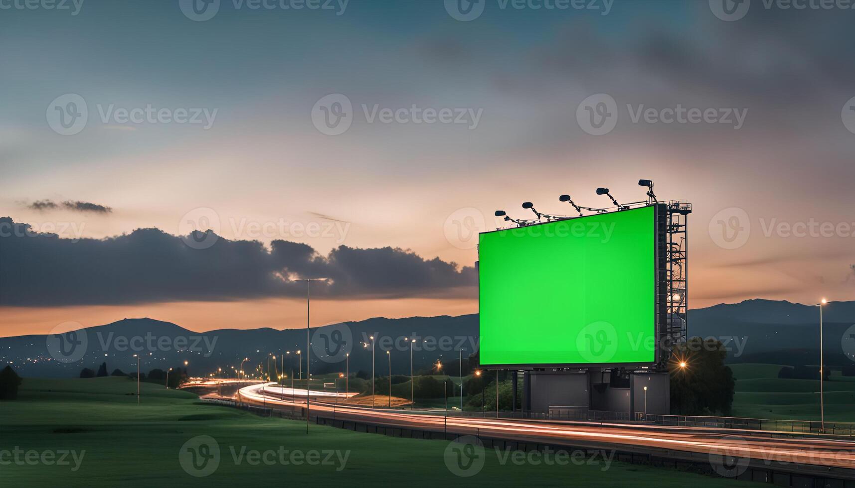 Green Screen Billboard on Highway with Scenic Sunset photo