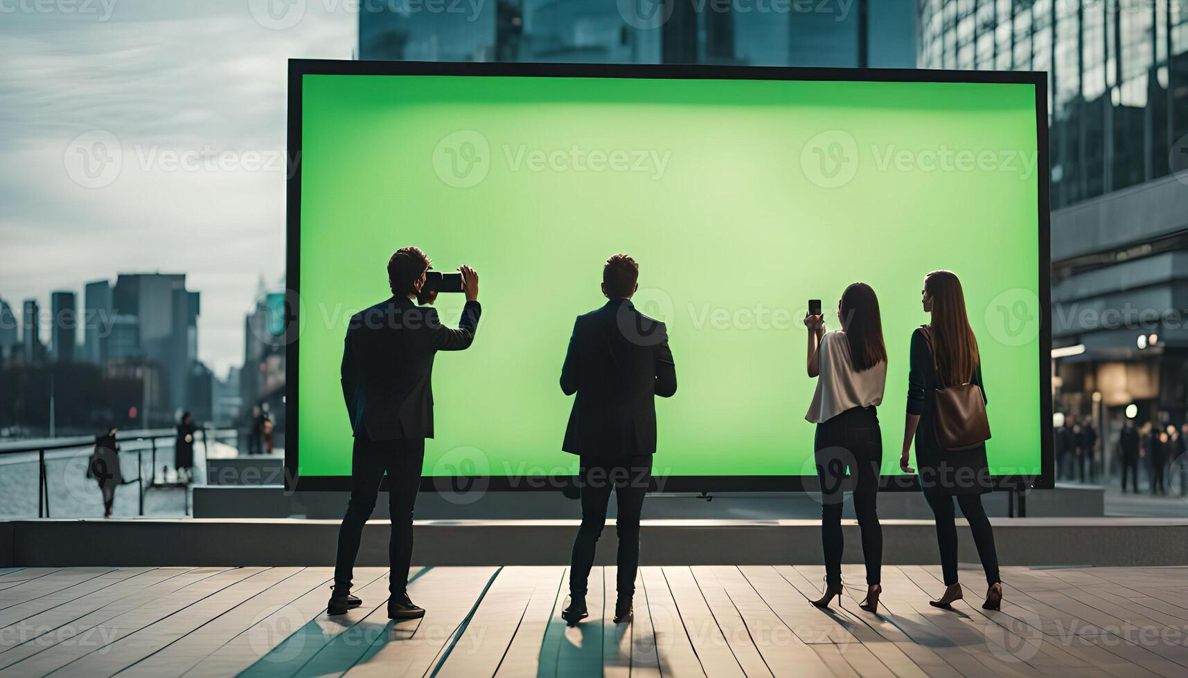 People Taking Pictures of a Giant Green Screen in Urban Setting photo