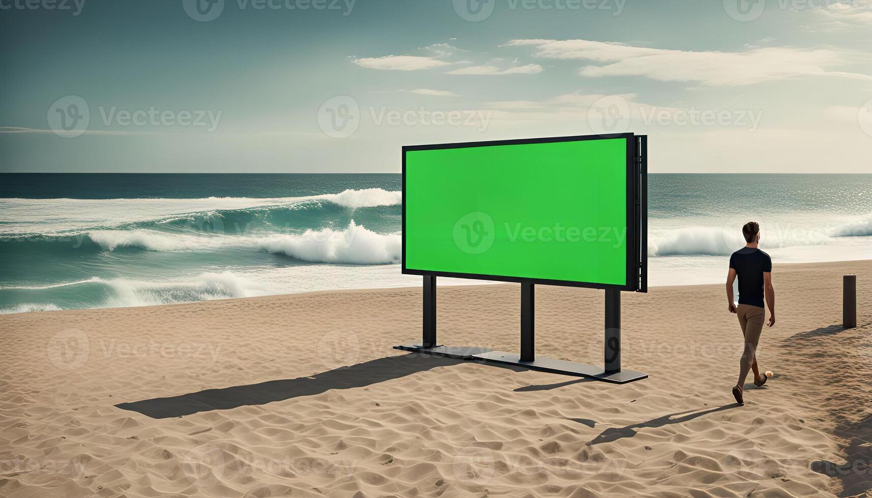 Man Walking on the Beach with a Green Screen Billboard photo