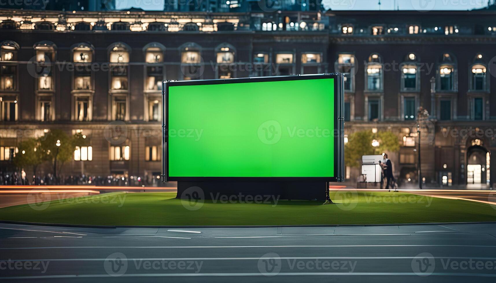 Blank Billboard Green Screen In City Night photo