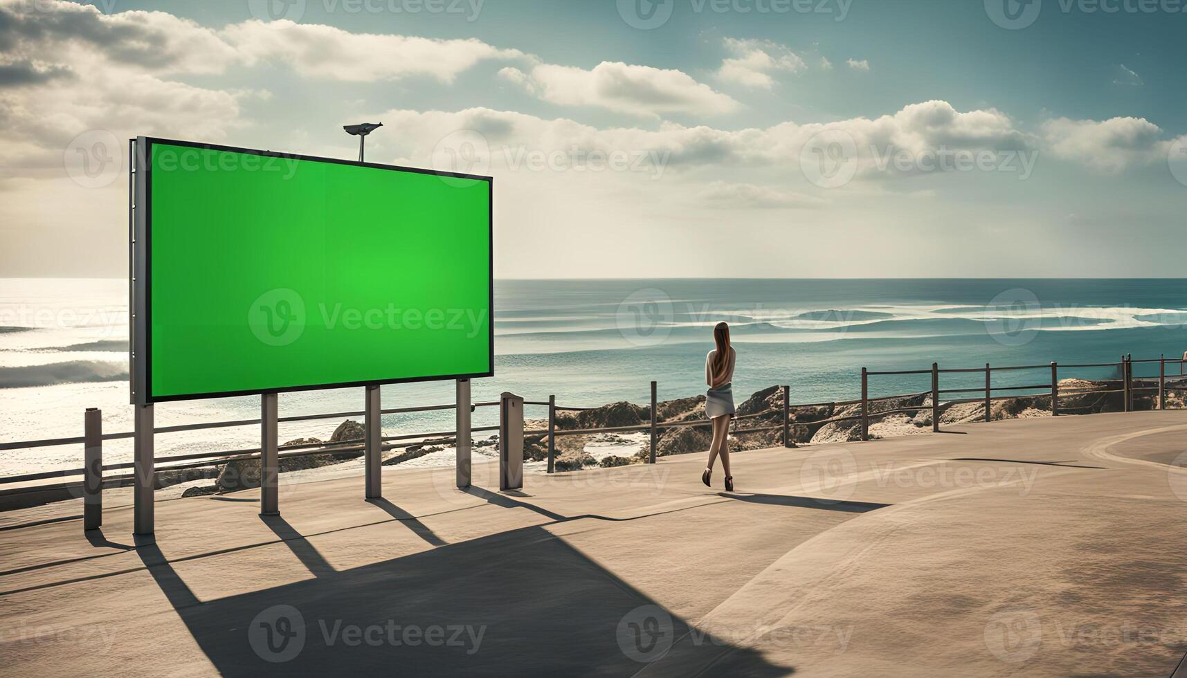 Woman Walking by Billboard overlooking Ocean photo