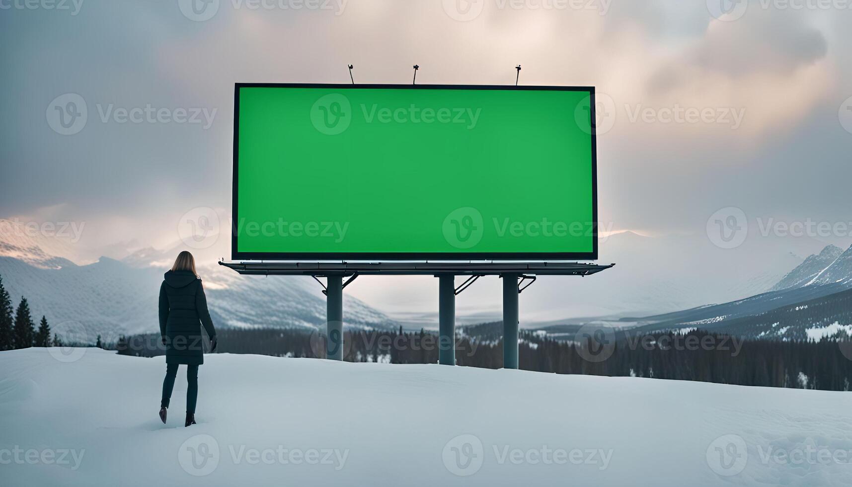 Woman Walking Towards a Giant Green Screen Billboard in a Snowy Mountain Landscape photo