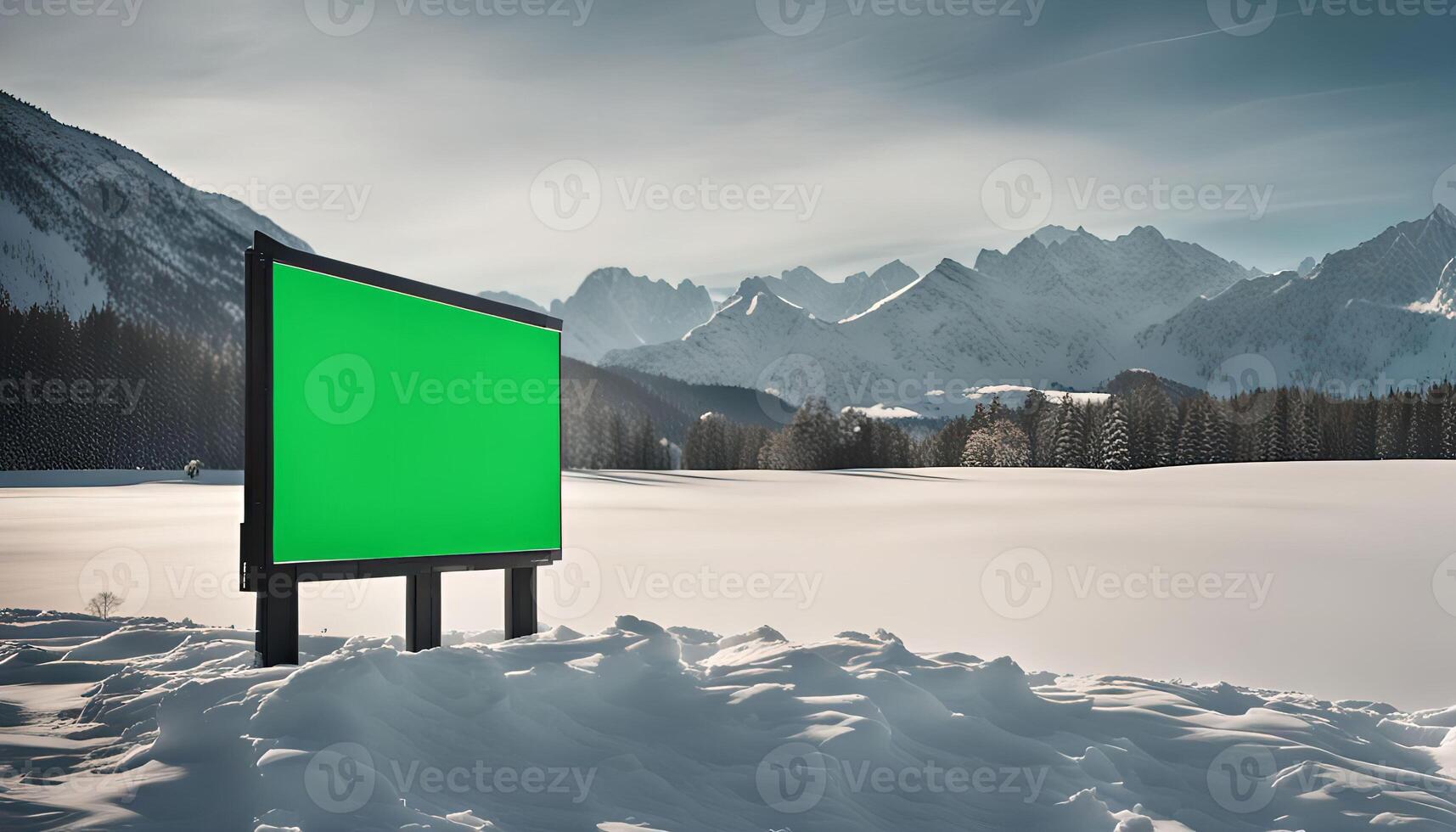 Green Screen Billboard in a Snowy Mountain Landscape photo