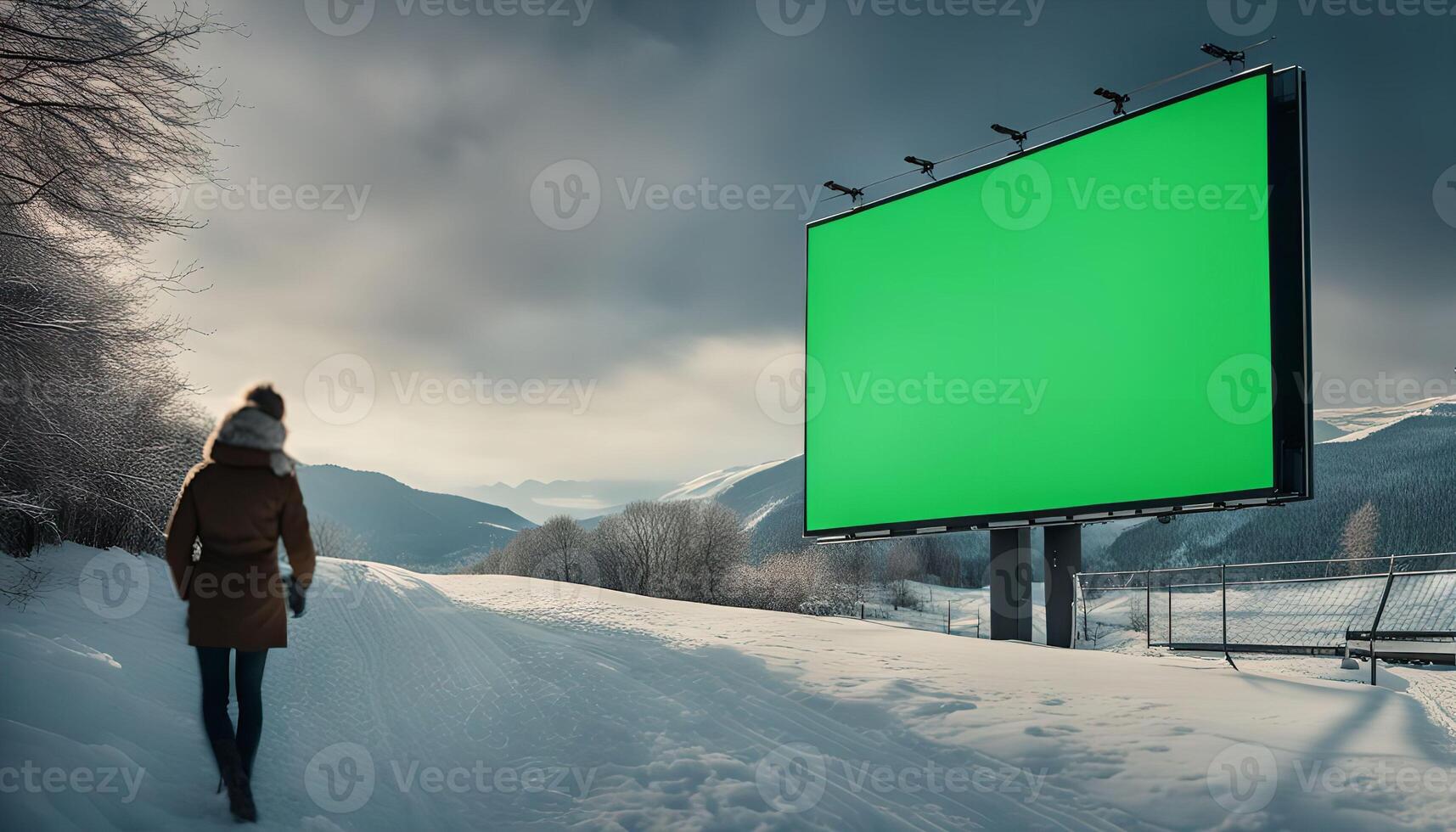 Woman Walking Towards Green Screen Billboard in Snowy Landscape photo